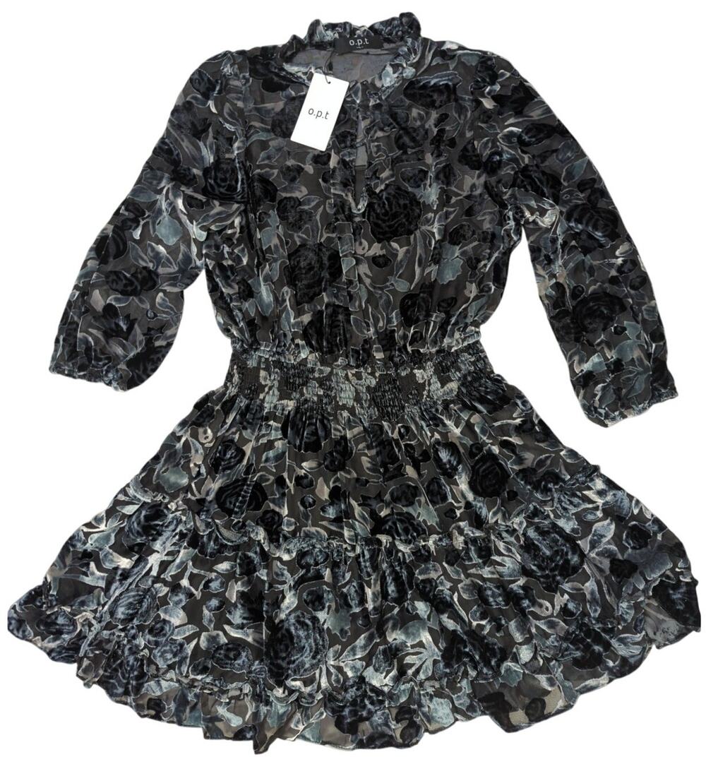 NWT o.p.t Floral Smocked Mini Dress Womens L Long Sleeve Ruffle Hem Party Casual